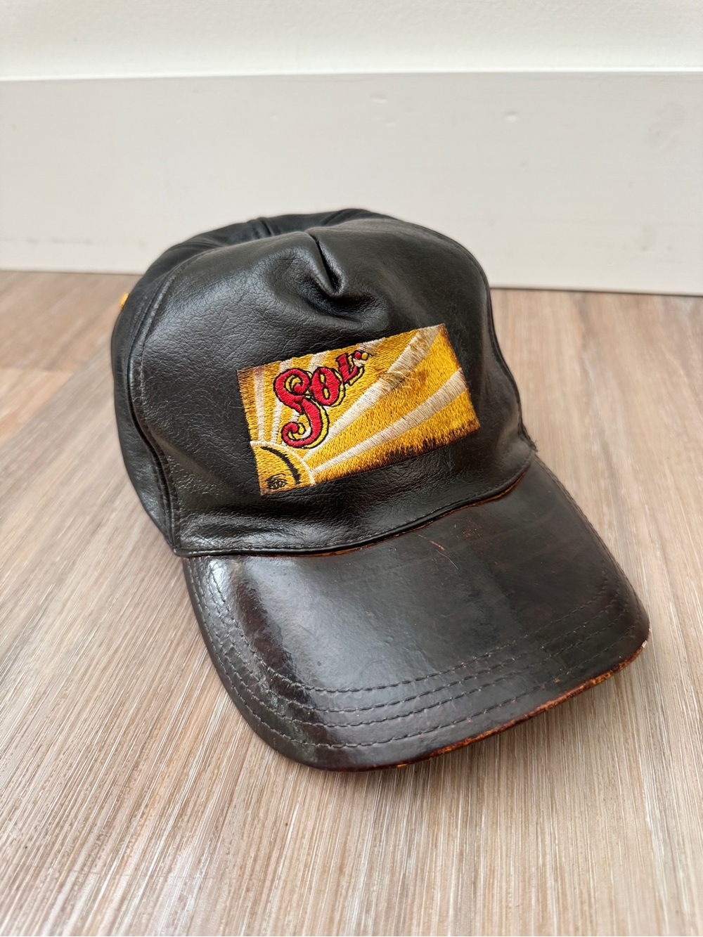 Vintage Sol Beer Black Genuine Leather Strapback Hat Distressed Cap grunge biker